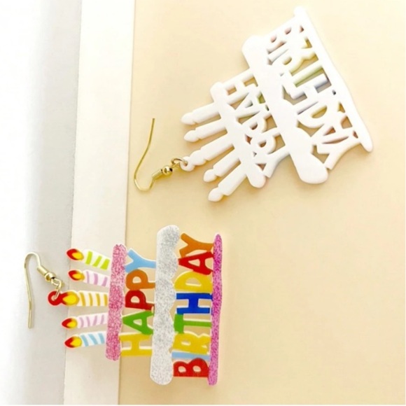 Happy Birthday Earrings Cake Candles Acrylic Dangle Pierced Ears Jewelry Party - Picture 5 of 7